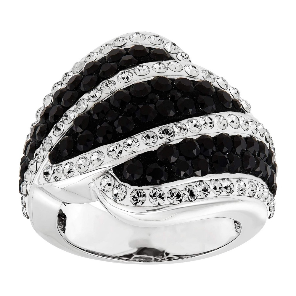 Black & Clear CZ Statement Ring Silver Tone Wave Design Size 7